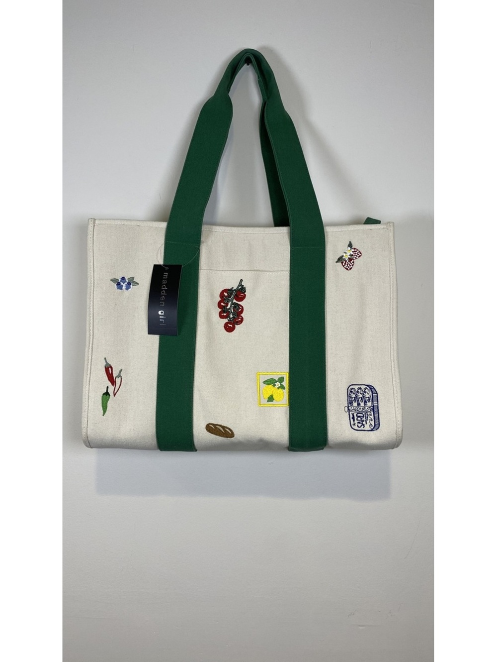 madden girl Green and Natural Canvas Tote Bag with Embroidered Designs